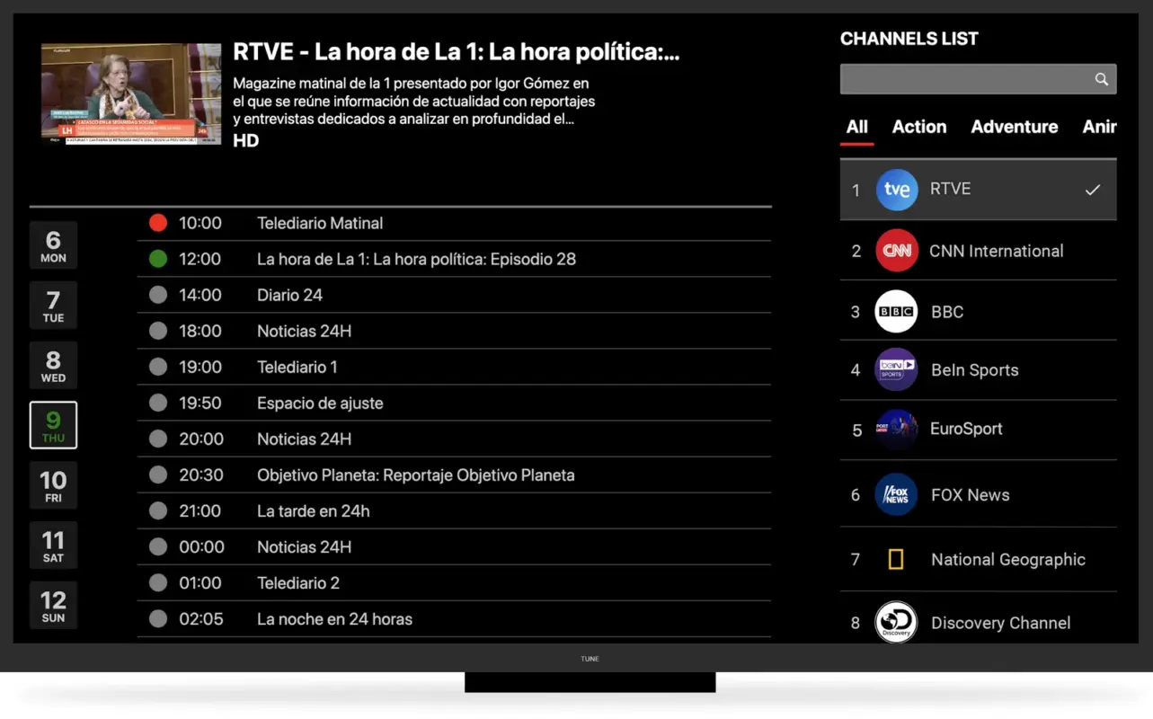 MAXCAST 1 IPTV IPTV electronic programme guide (EPG) showing the live TV schedule by channel