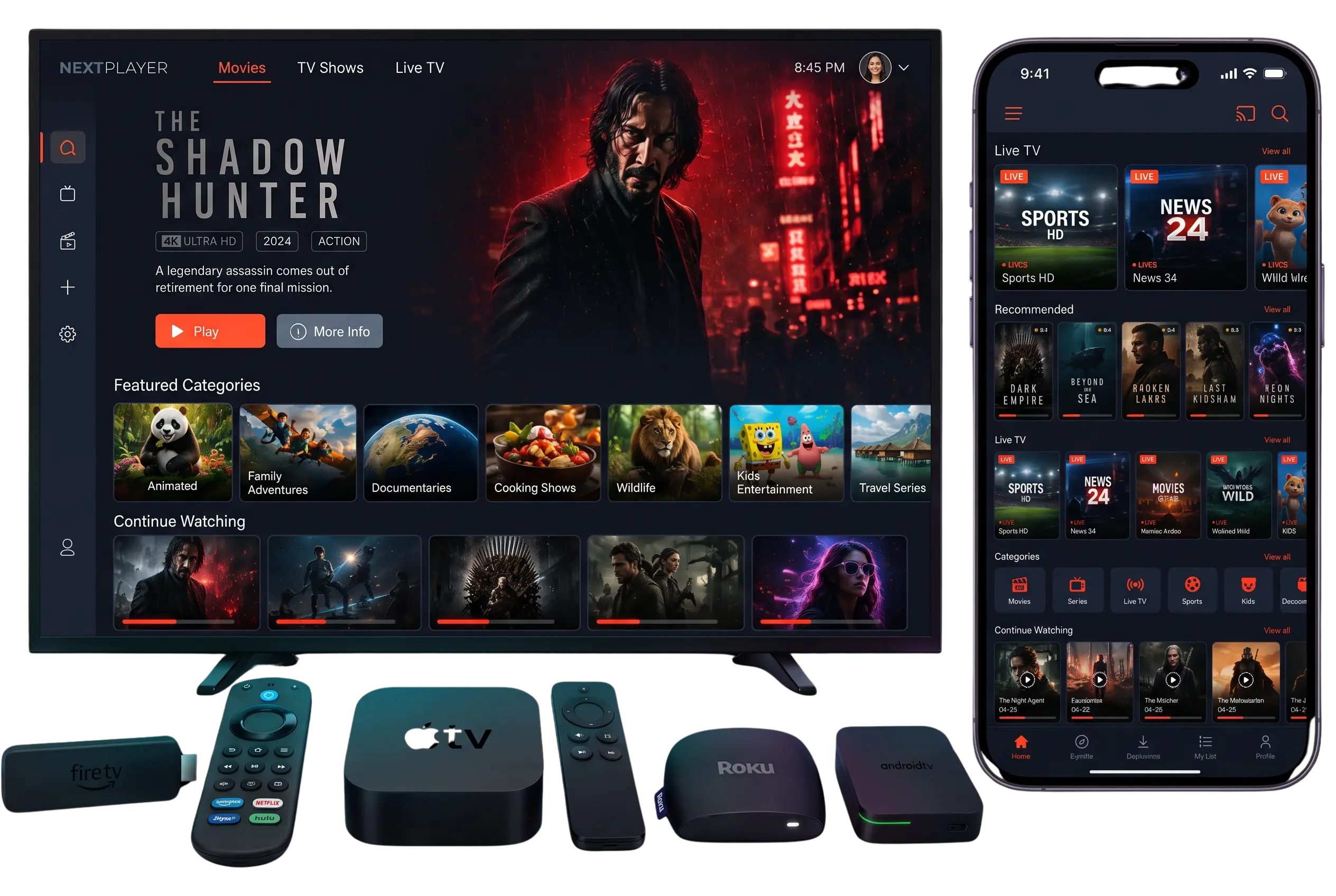 MAXCAST 1 IPTV IPTV service on a Smart TV, smartphone, Firestick and streaming boxes, showing movies, series and live TV