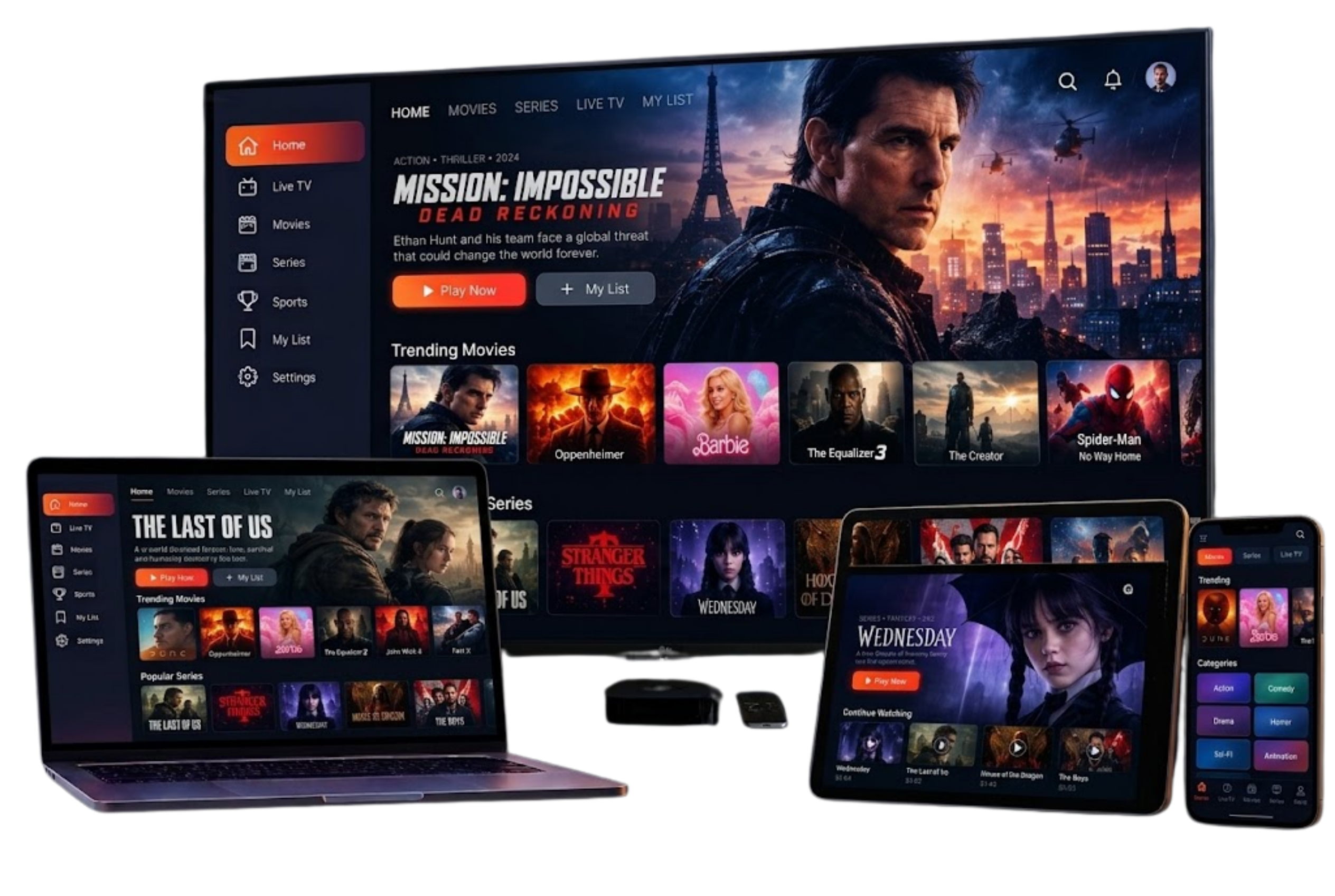 Multi-screen IPTV: MAXCAST 1 IPTV playing on a TV, a tablet and a smartphone at the same time
